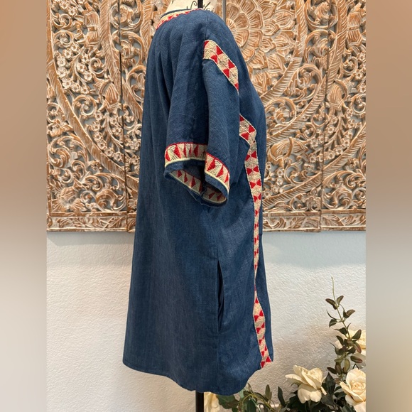 ZARA trf Collection Chambray w/Aztec Embroidered Trim Shirt Dress- oversized S - Picture 3 of 12